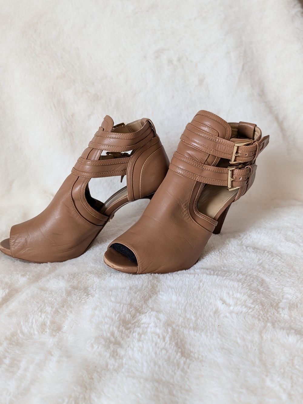 Michael Kors Brown Leather Peep-Toe Strappy Heels with Buckles